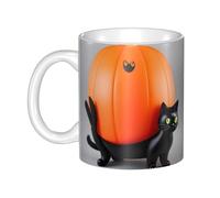 UDFKGLP Taza de cerámica con diseño de calabaza en la espalda del gato para capuchino, latte, cereales, yogur, leche, bebidas calientes o frías, horno de microondas
