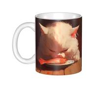 UDFKGLP Taza de cerámica con diseño de gato comiendo pescado, para capuchino, latte, cereales, yogur, leche, bebidas calientes o frías, horno de microondas