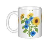 UDFKGLP Taza de cerámica con diseño de girasoles entre flores azules, para capuchino, latte, cereales, yogur, leche, bebidas calientes o frías, horno de microondas