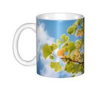 UDFKGLP Taza de cerámica con diseño de hojas de Ginkgo bajo el cielo azul para capuchino, latte, cereales, yogur, leche, bebidas calientes o frías, horno de microondas