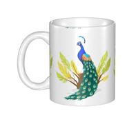 UDFKGLP Taza de cerámica con diseño de pavo real en el arbusto para capuchino, latte, cereales, yogur, leche, bebidas calientes o frías, horno de microondas
