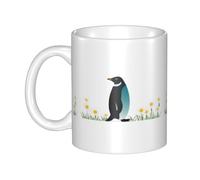 UDFKGLP Taza de cerámica con diseño de pingüino entre margaritas para capuchino, latte, cereales, yogur, leche, bebidas calientes o frías, horno de microondas