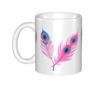 UDFKGLP Taza de cerámica con diseño de plumas de pavo real rosa para capuchino, latte, cereales, yogur, leche, bebidas calientes o frías, horno de microondas