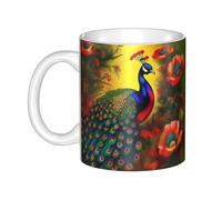 UDFKGLP Taza de cerámica con patrón de flores de pavo real para capuchino, latte, cereales, yogur, leche, bebidas calientes o frías, horno de microondas