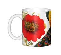 UDFKGLP Taza de cerámica con patrón de flores rojas de pavo real para capuchino, latte, cereales, yogur, leche, bebidas calientes o frías, horno de microondas