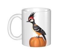 UDFKGLP Taza de cerámica con patrón de pájaro carpintero en una calabaza para capuchino, latte, cereales, yogur, leche, bebidas calientes o frías, horno de microondas