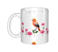 UDFKGLP Taza de cerámica con patrón de pájaro naranja entre flores para capuchino, latte, cereales, yogur, leche, bebidas calientes o frías, horno de microondas