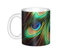 UDFKGLP Taza de cerámica con patrón de plumas de pavo real para capuchino, latte, cereales, yogur, leche, bebidas calientes o frías, horno de microondas