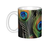 UDFKGLP Taza de cerámica con patrón de plumas de pavo real para capuchino, latte, cereales, yogur, leche, bebidas calientes o frías, horno de microondas