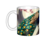 UDFKGLP Taza de cerámica oriental con diseño de pavo real sobre árbol de flores para capuchino, latte, cereales, yogur, leche, bebidas calientes o frías, horno de microondas