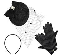 UDNFHL 1 Sombrero De Arco Negro, 1 Par De Guantes De Satén, Accesorios De Cabello Retro Y Elees Y Elees Para Mujeres, Accesorios De Vestimenta De Fiestas.