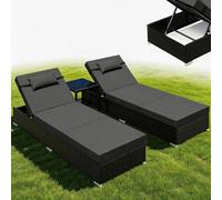 UDPATIO Set de 2 Tumbonas de Ratán, Respaldo 5 Posiciones + Mesa Jardín, Poliratán Tumbonas Jardin Exterior Impermeables, para Jardín, Exterior y Patio, Color Negro