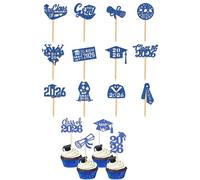 UEAVOID Toppers de Graduación 2026 con Birrete, 12 Adornos Azules Brillantes para Cupcakes y Pasteles, Decoración Fiesta Escolar Inolvidable