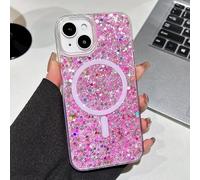 UEEBAI Funda magnética con purpurina para iPhone 15, funda de teléfono brillante de lujo compatible con MagSafe, funda de carga inalámbrica con diamantes de cristal para mujer, color rosa intenso