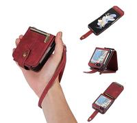 UEEBAI Funda para Samsung Galaxy Z Flip 5 5G, 3 ranuras para tarjetas, piel retro, cartera a prueba de golpes, con correa de mano, función atril, cierre magnético, billetera, diseño retro de vino