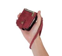 UEEBAI Funda para Samsung Galaxy Z Flip 7 5G, 3 ranuras para tarjetas, piel retro, monedero a prueba de golpes, con correa de mano, función atril, cierre magnético, diseño retro de vino tinto