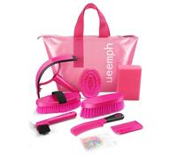 Ueemph Kit de aseo para caballos, bolsa de almacenamiento rosa con 10 herramientas profesionales de cuidado ecuestre, cepillos, peines, raspador y guantes (rosa)