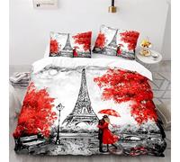 uego de funda nórdica de la Torre Eiffel de París, juego de ropa de cama con tema romántico, funda de paisaje urbano de París para niños, adolescentes, decoración dormitorio mujeres 220 × 240CM