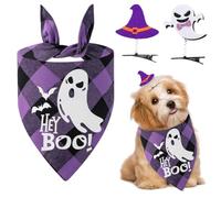 UEIOAVL Pañuelos para perros, 1 pañuelo para perro de Halloween + 2 pinzas para el pelo de Halloween pañuelo triangular ajustable para perro babero de Halloween con estampado de fantasmas (morado)
