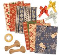 Üka • Papel Regalo Navidad + Accesorios. Pack 6 Hojas de 50x75 cm. Papel para Regalos Medianos y Pequeños. Papel de Regalo Kraft con 10 Lazos Decorativos, 20 m de Cuerda Yute y Cinta Adhesiva.