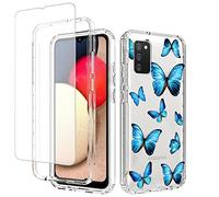 Ueokeird Funda para Galaxy A02S/M02S SM-A025V con protector de pantalla de vidrio templado, diseño de mariposa transparente para Samsung Galaxy A02S (mariposa azul)