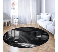 UERWOWELL Alfombra artística en Blanco y Negro 100cm - Escritorio Negro Silla y Rayo Sol Alfombras Redondas Impresas Máquina Pelo bajo Lavado la Sala Estudio Decoración la Oficina