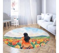 UERWOWELL Alfombra Circular campestre 150cm Mujer Caminando Campos Tulipanes Estampado Alfombrillas Pelo bajo Cocina Salón Alfombras Grandes y Suaves Lavables