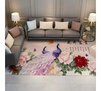 UERWOWELL Alfombra Elegante de Pavo Real Morado Estampado Chino de peonía y caligrafía Alfombras de Pelo bajo Estética Oriental Decoración Interior del Suelo 140x200cm