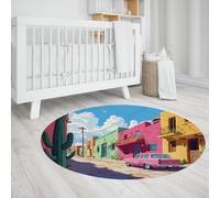 UERWOWELL Alfombra Estilo Pueblo Mexicano 160cm - Casas Vibrantes Rosas Amarillas y Verdes con patrón alfombras Redondas Sala Estar Lavable Pelo bajo Decoración Festiva