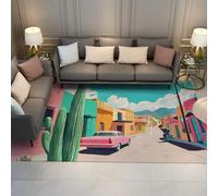 UERWOWELL Alfombra la Ciudad Tropical 160x230cm Casas Coloridas y alfombras Suelo con patrón Cactus Verdes Lavado a máquina Pelo bajo sofá del salón Decoración Festiva