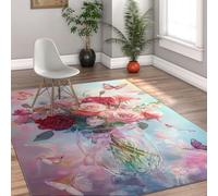 UERWOWELL Alfombra la habitación la Chica soñadora 180x270cm Mariposas revoloteando y Vibrantes alfombras Pelo bajo con Estampado Ramos Rosas para Decorar un Nuevo Matrimonio romántico