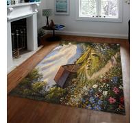 UERWOWELL Alfombra la Zona Las Flores Silvestres Campo Estilo Pintura al óleo Escena pastoril ovejas Vacas y alfombras Finas del patrón del Granero Viejo para la Granja 160x220cm