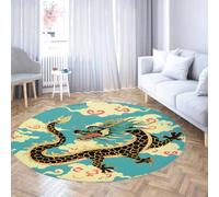 UERWOWELL Alfombra Redonda clásica dragón Chino 160cm Dragón Negro Entre Nubes auspiciosas Alfombras Antideslizantes con Estampado Pelo bajo y decoración asiática Lavable