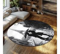 UERWOWELL Alfombra Redonda con Silueta romántica Pareja 150cm Torre Eiffel alumbrándose sobre la lluviosa Calle París Estampado Pelo bajo Decoración Dormitorio ensueño