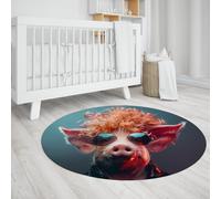 UERWOWELL Alfombra Redonda Estilo Hippie 100cm Moda Cerdo con patrón Gafas Sol Alfombras Delgadas para Sala Estar Dormitorio Estudio Fácil Limpiar Antideslizante