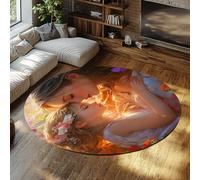 UERWOWELL Alfombra Redonda Estilo Pintura al óleo 160cm Madre e Hija soñadora abrazada Entre Flores en Flor alfombras Alfombra Lavable Pelo bajo para Dormitorio
