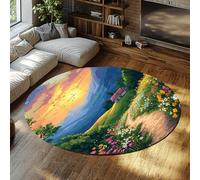 UERWOWELL Alfombra Redonda Flores Silvestres Dibujos Animados país Camino Flores Grandes alfombras para Sala Lectura Aula Decoración del hogar Lavable y Relajante 200cm