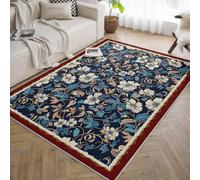 UERWOWELL Alfombras Antideslizantes 200x300cm Borde Rojo Vibrante Patrón crisantemo Rojo y Amarillo Alfombra Pila Baja para el hogar Oficina Decoración Floral Vintage Lavable