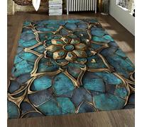 UERWOWELL Alfombras área Vintage Elegance 100x150cm Alfombra bajo Perfil con patrón Floral en Bronce y Turquesa para Sala Estar Dormitorio Cocina Alfombra Piso Lavable a máquina