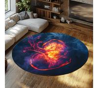 UERWOWELL Alfombras Circulares Azul Profundo 180cm Estampado Naranja con corazón ardiente Alfombra Pelo bajo Antideslizante para Lavar salón Decoración del hogar Arte Abstracto Moderno