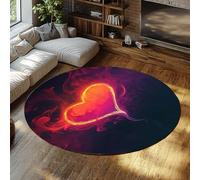 UERWOWELL Alfombras Circulares Interior Vibrantes 90cm Estampado romántico corazón ardiente Alfombra Pelo bajo Antideslizante Lavable salón Cocina Decoración Moderna del hogar