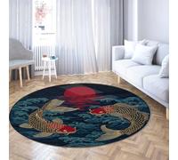 UERWOWELL Alfombras círculo Arte acuático 180cm Koi Rojos y Negros Bailando Entre Olas Azules Alfombra Pelo bajo Decoración Antideslizante Estilo japonés