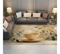 UERWOWELL Alfombras de Acuarela con Hojas de Cocina con patrón de Taza de té 3D Esterilla Interior de Pelo bajo para Comedor Entrada a la Cocina estética Oriental decoración del hogar 150x210cm
