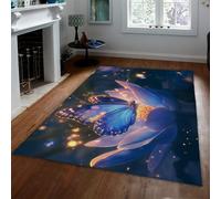 UERWOWELL Alfombras fantasía soñadora Gran Mariposa Azul mágica Loto Fondo Oscuro Lavable Alfombra Pelo Corto Interior tapete salón 90x180cm