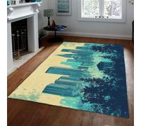 UERWOWELL Alfombras Grandes Antideslizantes Azul y Verde Edificios Abstractos de la Ciudad árboles Estampados Alfombra Delgada Lavable para Dormitorio Sala de Estar Cocina 100x150cm