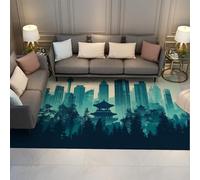UERWOWELL Alfombras Grandes urbanas Modernas Azul y Verde Edificios clásicos árboles Estampado Alfombra Delgada Lavable para Dormitorio Sala de Estar Oficina 140x200cm