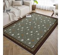 UERWOWELL Alfombras Interior 200x300cm Borde marrón Patrón Blanco y Naranja Margaritas Alfombra Verde para Patio Cocina Decoración Suelo Estilo Granja Lavable Pelo bajo