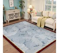 UERWOWELL Alfombras Lanzamiento con Borde Rojo 100x200cm Decoración Piso Estilo Granja Alfombra patrón Hojas Plantas Azul Claro para Entrada Sala Estar Delgada Fácil Limpiar