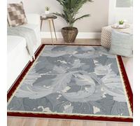 UERWOWELL Alfombras Lanzamiento con Borde Rojo 160x230cm Decoración Piso Estilo rústico Gris Claro Patrón Hojas Plantas Alfombra Interior para Comedor Delgada Fácil Limpiar