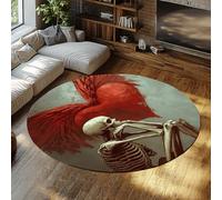 UERWOWELL Alfombras Redondas de casa de Campo rústicas 240cm Esqueleto gótico y pensado con alas y patrón de corazón Rojo moqueta de Pelo bajo Decoración del Suelo del Dormitorio Lavable